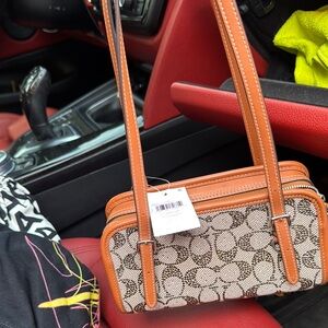 Crystal Coach Tan and Cream Shoulder Bag with Signature Monogram